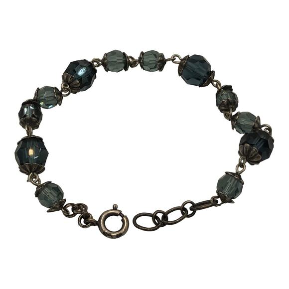 Vintage Inspired Delicate Bracelet with Sparkly Blue Gemstones and Silver Chain - Picture 2 of 5